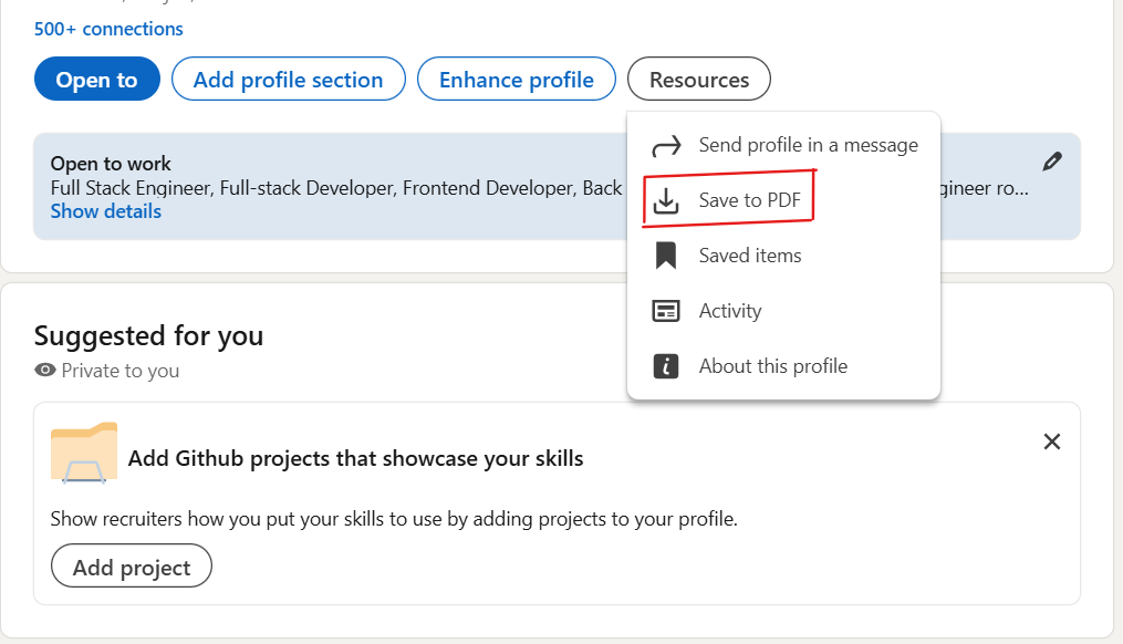 Save LinkedIn profile to PDF